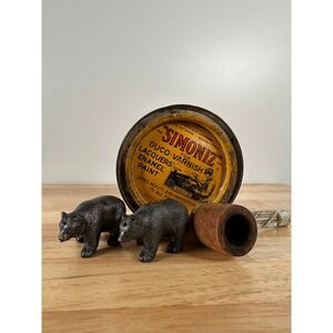 Black Bear Salt Pepper Shakers Simoniz Tin Rustic Cabin Decor Vintage Lot
